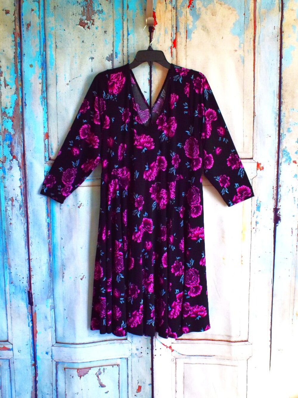 Women's Torrid V-Neck Lace Up Dress Floral 3/4 Sleeve NO SIZE Black Purple